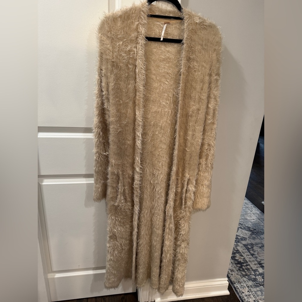 Free People Long Fuzzy Open Cardigan — Beige/Tan
